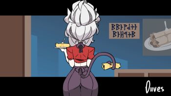 1girl animated animated_gif ass ass_shake black_pants blouse blush demon_girl demon_horns demon_tail diives eating english_text facing_away female_focus food from_behind heart helltaker holding holding_plate holding_with_tail horns looking_at_viewer lucifer_(helltaker) mole mole_under_eye pancake pants plate prehensile_tail red_eyes red_shirt shirt short_sleeves solo speech_bubble tail thigh_gap white_hair wide_hips