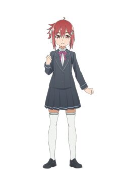 Rule 34 | 1girl, black jacket, black shoes, black skirt, blazer, closed mouth, collared shirt, flower, full body, hair between eyes, hair flower, hair ornament, hair ribbon, hand up, jacket, loafers, long sleeves, looking at viewer, miniskirt, neck ribbon, nogi wakaba wa yuusha de aru, official art, pleated skirt, ponytail, purple ribbon, red eyes, red hair, ribbon, school uniform, second-party source, shirt, shoes, short hair, short ponytail, simple background, skirt, smile, solo, standing, tachi-e, takashima yuuna, thighhighs, transparent background, white ribbon, white shirt, white thighhighs, yuuki yuuna wa yuusha de aru, yuusha de aru