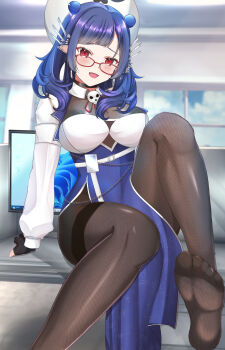 1girl black_choker black_gloves blue_dress blue_hair bodystocking breasts choker cloud desk dizzy_dokuro dizzy_dokuro_(2nd_costume) double_bun dress ear_ornament feet fingerless_gloves glasses gloves hair_bun hair_ornament hat highres large_breasts long_hair monitor on_desk open_mouth pantyhose phase_connect red-framed_eyewear red_eyes sitting skull_ornament sky solo thighband_bodystocking virtual_youtuber white_hat white_sleeves window yuki_lune