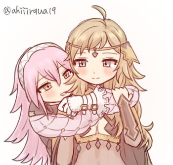2girls :d ahiiirqua15 blonde_hair blush bodystocking breasts closed_mouth fire_emblem fire_emblem_fates gambeson gloves hair_between_eyes hairband hug hug_from_behind long_hair looking_at_another multiple_girls nintendo open_mouth ophelia_(fire_emblem) pink_hair small_breasts smile soleil_(fire_emblem) twitter_username upper_body white_background white_gloves yuri