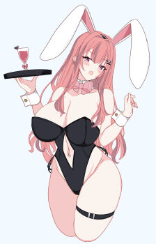1girl absurdres alternate_costume animal_ears azur_lane black_leotard bow breasts bremerton_(azur_lane) cleavage clothing_cutout commentary_request detached_collar fake_animal_ears hair_down highleg highleg_leotard highres holding holding_tray huge_breasts leotard londom_(lonhomewell) mole mole_on_breast navel_cutout navel_piercing one_eye_closed open_mouth piercing pink_bow pink_eyes pink_hair playboy_bunny rabbit_ears simple_background solo tray variant_set white_background white_wrist_cuffs wrist_cuffs