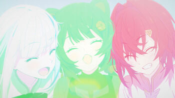 Rule 34 | 3girls, ^ ^, ange katrina, animal ears, anime screenshot, artist request, blush, closed eyes, color-coded, crossed bangs, dog ears, eyelashes, fangs, flower, grin, group picture, hair flower, hair intakes, hair ornament, highres, inui toko, lize helesta, medium hair, multiple girls, multiple monochrome, nijisanji, official alternate costume, official art, open mouth, page of lambda, sanbaka (nijisanji), second-party source, smile, triangle hair ornament, virtual youtuber