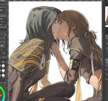 2girls armband art_program_in_frame black_hair brown_hair clair_obscur:_expedition_33 closed_eyes commentary_request hoj_duck kiss korean_commentary lune_(clair_obscur:_expedition_33) medium_hair multiple_girls number_print ponytail sciel_(clair_obscur:_expedition_33) short_ponytail yuri