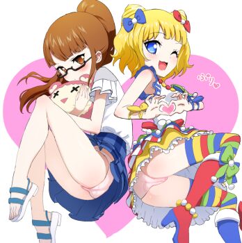 2girls ass blonde_hair blue_eyes blush breasts brown_eyes brown_hair cone_hair_bun double_bun dual_persona glasses hair_bun heart heart_hands holding holding_stuffed_toy loli long_hair looking_at_viewer minami_mirei minami_mirei_(normal) multiple_girls no_socks one_eye_closed panties pantyshot polpol ponytail pretty_series pripara sandals short_hair skirt small_breasts striped_clothes striped_thighhighs stuffed_animal stuffed_toy thighhighs underwear white_panties
