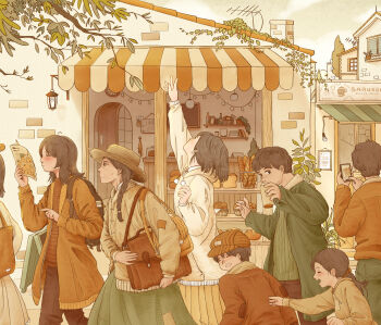 3boys 4girls aoicancerius arm_up awning backpack bag baguette bakery braid branch bread brown_hair brown_pants building cellphone child closed_mouth coat commentary cup day english_commentary expressionless facing_back facing_up food green_coat green_skirt green_sweater grin hand_up hat highres holding holding_cup holding_paper holding_phone hood hoodie lantern long_hair long_sleeves looking_ahead looking_at_object looking_at_viewer medium_hair multiple_boys multiple_girls open_clothes open_coat open_mouth orange_coat orange_hoodie orange_shirt orange_skirt orange_sweater original outdoors pants paper phone plant pleated_skirt pom_pom_(clothes) ponytail reaching shirt shop short_hair shoulder_bag skirt slice_of_life smartphone smile standing striped_clothes striped_shirt sweater turning_head very_short_hair vines walking warm_colored