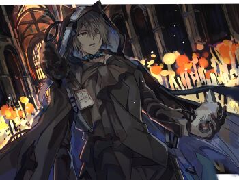 Rule 34 | 1boy, absurdres, animal, animal ears, animal hood, animal on shoulder, arknights, ascot, black cape, black cat, black cloak, black gloves, black jacket, cape, cat, cat boy, cat ears, cat hood, cloak, gloves, grey eyes, grey hair, hair between eyes, highres, holding, holding mask, hood, hood up, hooded cape, indoors, infection monitor (arknights), jacket, long sleeves, looking at viewer, male focus, mask, miss christine (arknights), parted lips, phantom (arknights), shirt, short hair, solo, toramaru (696anna), unworn mask, upper body