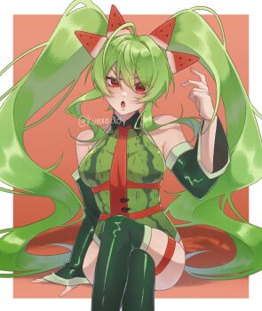 1girl ahoge armpit_crease bare_shoulders boots breasts commentary cowboy_shot crossed_legs detached_sleeves double-parted_bangs food food-themed_hair_ornament fruit green_boots green_hair green_leotard hair_between_eyes hair_ornament hand_up hatsune_miku highres kuraedo leotard long_hair looking_at_viewer medium_breasts necktie open_mouth red_background red_eyes red_necktie sitting solo symbol-only_commentary thigh_boots twintails v-shaped_eyebrows very_long_hair vocaloid watermelon watermelon_hair_ornament watermelon_miku_(kaatokun) watermelon_slice