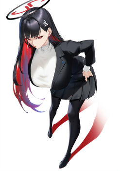 1girl black_hair black_skirt blue_archive blueorca breasts full_body hair_ornament hairclip halo highres large_breasts long_hair miniskirt multicolored_hair office_lady pantyhose red_eyes rio_(blue_archive) skirt solo two-tone_hair white_background