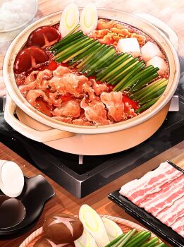 boiling commentary_request cooking food food_focus highres hotpot meat mushroom no_humans ooranokohaku original pork raw_meat still_life table wooden_table