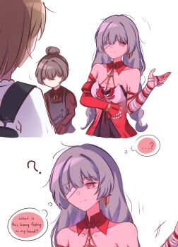 Rule 34 | ...?, 3girls, ?, absurdres, bandage over one eye, bandaged arm, bandages, bare shoulders, breasts, brown hair, closed mouth, collarbone, commentary, detached sleeves, dress, earrings, english text, grey eyes, grey hair, halter dress, halterneck, hand up, highres, jewelry, long hair, medium breasts, multiple girls, phrolova (wuthering waves), red dress, simple background, single detached sleeve, smile, tacet mark (wuthering waves), triss (wuthering waves), white background, wuthering waves, zevi (zevi ii)