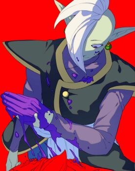 2boys blood blood_on_clothes blood_on_face blood_on_hands blue_pants colored_skin dragon_ball dragon_ball_super earrings empty_eyes gowasu green_skin highres jewelry liorzll long_sleeves mohawk multiple_boys pants pointy_ears potara_earrings purple_blood purple_shirt red_background shirt short_hair unusual_blood_color white_hair zamasu