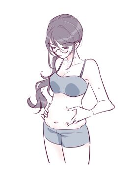 1girl bare_arms bare_shoulders belly belly_grab blush boyshort_panties bra breasts cleavage closed_mouth collarbone commentary_request cowboy_shot cropped_legs glasses grey_bra gyosite hair_between_eyes highres hoshimi_junna long_hair looking_at_self looking_down low_side_ponytail medium_breasts navel purple_hair shoujo_kageki_revue_starlight side_ponytail sidelocks simple_background solo standing sweat underwear underwear_only weight_conscious white_background