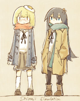 2girls arms_at_sides black_coat black_hair black_pantyhose blonde_hair blue_eyes boots brown_background brown_boots brown_coat brown_eyes brown_shoes brown_skirt closed_mouth coat copyright_name egg_hair_ornament food-themed_hair_ornament glasses hair_ornament hands_in_pockets highres loafers long_hair long_sleeves multiple_girls mushroom_on_head nerutti open_clothes open_coat pantyhose red-framed_eyewear round_eyewear shimeji_simulation shoes short_hair simple_background skirt smile socks tsukishima_shijima white_socks yamashita_majime