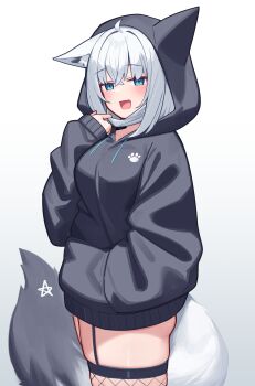 1girl absurdres alternate_costume animal_ears aqua_eyes black_hoodie blush commentary cosplay deaver fang fishnet_thighhighs fishnets fox_ears fox_girl fox_tail gradient_background gradient_tail hand_in_pocket hatsune_miku hatsune_miku_(cosplay) highres hololive hood hood_up hoodie long_sleeves looking_at_viewer mask mask_lift mouth_mask open_mouth paw_print puffy_long_sleeves puffy_sleeves rabbit_hole_(vocaloid) shirakami_fubuki simple_background smile solo symbol-only_commentary tail thighhighs virtual_youtuber vocaloid white_background white_hair white_mask