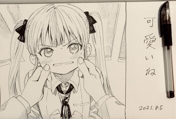 1girl 1other amezawa_koma annoyed art_tools_in_frame ballpoint_pen_(medium) blush bow cheek_pinching clenched_hands collared_shirt commentary dated dot_nose fingernails from_above furrowed_brow greyscale hair_bow hands_on_another's_cheeks hands_on_another's_face highres long_hair looking_at_viewer monochrome necktie nervous open_mouth original pen_(medium) photo_(medium) pinching pov pov_hands shirt solo_focus sweat traditional_media translation_request twintails upper_body v-shaped_eyebrows white_mouth window