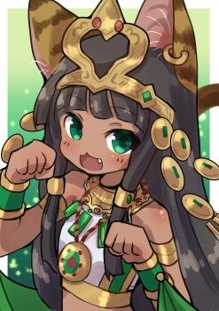 Rule 34 | 1girl, :d, ancient egyptian, ancient egyptian clothes, animal ears, bare shoulders, bastet (p&amp;d), black hair, breasts, cat ears, cat girl, commentary request, dark, dark-skinned female, dark skin, earrings, fang, green background, green eyes, highres, brown egyptian cat-eared loli (trend), jewelry, long hair, looking at viewer, open mouth, puzzle &amp; dragons, small breasts, smile, solo, straight hair, very long hair, yaguchiakira