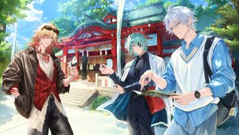 3boys alternate_costume anaxa_(honkai:_star_rail) antenna_hair arm_tattoo belt black_belt black_pants blonde_hair blue_eyes blue_hair braid chest_tattoo eyepatch facial_tattoo food green_hair gumo_(911tf5) hair_between_eyes hand_in_pocket highres holding holding_food holding_map honkai:_star_rail honkai_(series) jacket jewelry long_sleeves looking_at_viewer male_focus map multiple_boys mydei_(honkai:_star_rail) necklace orange_hair pants phainon_(honkai:_star_rail) red_tattoo shirt_tucked_in side_braid sunglasses tattoo teeth translation_request watch wristwatch