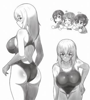 4girls absurdres akaboshi_koume ass blush breasts chibi closed_mouth collarbone competition_school_swimsuit curvy girls_und_panzer greyscale hand_on_own_hip heart highleg highleg_one-piece_swimsuit highres huge_ass iteza_(flapper_girl_25) itsumi_erika kuromorimine_school_uniform large_breasts looking_at_viewer monochrome multiple_girls nishizumi_maho nishizumi_miho one-piece_swimsuit ooarai_school_uniform open_mouth school_swimsuit school_uniform smile sweatdrop swimsuit wide_hips