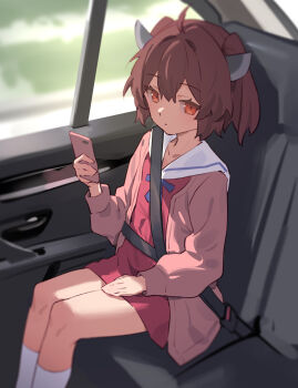 1girl ahoge brown_hair car_interior cardigan cellphone commentary_request dress expressionless flat_chest headgear highres looking_at_viewer phone red_eyes sailor_dress short_hair sitting smartphone solo touhoku_kiritan variant_set voiceroid yamamomo_(plank)
