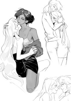 2girls blush bra character_request charlie_morningstar closed_eyes commentary_request dress eye_contact glasses hair_bun hand_on_another's_head hazbin_hotel hellaverse highres holding_hands hug interlocked_fingers kiss kissing_neck lipstick_mark lipstick_mark_on_neck looking_at_another mooumao multiple_girls off_shoulder open_clothes open_shirt sitting sitting_on_lap sitting_on_person skirt smile underwear yuri