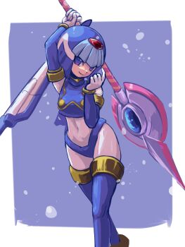 1girl android arm_up armpits blue_background blue_eyes boots breasts closed_mouth curvy fairy_leviathan_(mega_man) framed gloves helmet highres holding holding_polearm holding_weapon kureikyo1031 looking_at_viewer medium_breasts mega_man_(series) mega_man_zero_(series) outside_border polearm robot robot_girl smile solo spear standing thigh_boots thighhighs weapon white_gloves