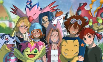 Rule 34 | 2girls, 4boys, agumon, bird, bug, cat, digimon, digimon (creature), gabumon, glasses, gomamon, highres, ishida yamato, izumi koshiro, kido jo, multiple boys, multiple girls, palmon, piyomon, reptile, tachikawa mimi, takenouchi sora, tentomon, wings, yagami taichi