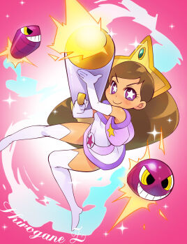 Rule 34 | + +, 1girl, breasts, brown hair, character name, closed mouth, commentary request, crown, elbow gloves, gloves, gradient background, hat, highres, holding, long hair, looking at viewer, minawa, pink background, powerpuff girls z, purple eyes, rocket, rocket launcher, shirogane miko, small breasts, smile, solo, thighhighs, weapon, white gloves