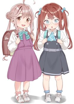 2girls absurdres adapted_costume aged_down ahoge aqua_ascot aqua_bow aqua_bowtie asagumo_(kancolle) ascot backpack bag bespectacled birthday_connection bow bowtie brown_hair collared_shirt double_bun dress dress_shirt full_body glasses grey_eyes hair_bun halter_dress halterneck highres kantai_collection long_hair long_sleeves makigumo_(kancolle) multiple_girls no_eyewear pinafore_dress pink_hair plaid_ascot plaid_clothes randoseru sakurai_nana_(moshichi) shirt shoes simple_background sleeveless sleeveless_dress sneakers twintails white_background white_shirt white_shoes yellow_eyes