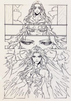 2girls 4koma bare_shoulders braid bruise bruise_on_face closed_eyes collarbone comic commentary dual_persona final_fantasy final_fantasy_xiv fins furrowed_brow greyscale half_updo head_fins head_wings headpiece highres hood hood_down hydaelyn injury lineart long_hair looking_at_viewer monochrome multiple_girls multiple_wings outdoors ryukaoekaki sequential serious shards single_braid smile standing straight-on upper_body venat_(ff14) wavy_hair wings