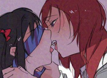 2girls adversarial_noise black_hair blindfold blue_necktie blush bow commentary hair_bow hashtag-only_commentary imminent_kiss long_hair love_live! love_live!_school_idol_project multiple_girls necktie nishikino_maki open_mouth otonokizaka_school_uniform purple_eyes red_bow red_hair school_uniform surfacedxxc tongue tongue_out twintails yazawa_nico yuri