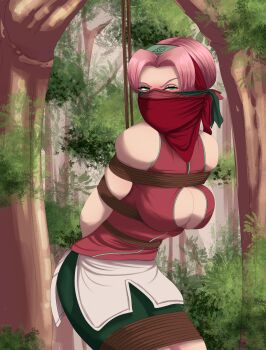 1girl absurdres angry arms_behind_back bandana bare_shoulders bdsm bike_shorts blush bondage bound bound_arms bound_legs breast_bondage breasts cleavage cloth_gag commentary elivians-collection english_commentary forehead_protector forest gag gagged green_eyes haruno_sakura highres improvised_gag konohagakure_symbol large_breasts looking_at_viewer naruto_(series) nature outdoors pink_hair restrained rope shibari shirt short_hair shorts sleeveless sleeveless_shirt solo tree v-shaped_eyebrows