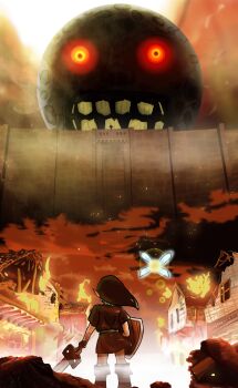 1boy boots burning burning_building crossover derivative_work destruction epic fairy fire from_behind glowing glowing_eyes hat highres left-handed link majora_(entity) moon moon_(zelda) nintendo parody pointy_ears red_eyes sapphire-dim shield shingeki_no_kyojin skull_kid snipy_girl standing sword tatl teeth the_legend_of_zelda the_legend_of_zelda:_majora's_mask wall weapon