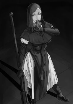 Rule 34 | black boots, black hood, boots, elbow gloves, elden ring, elden ring nightreign, flanged mace, full body, gloves, greyscale, hand up, highres, holding, holding mace, holding weapon, licking, licking hand, looking to the side, luwdd, mace, monochrome, mouth tentacles, nun, pelvic curtain, simple background, standing, tentacles, undertaker (elden ring), weapon, white coif