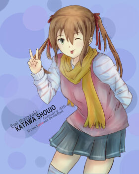 Rule 34 | 1girl, 4chan, amputee, blue background, bow, breasts, brown hair, closed mouth, cold, dated, double amputee, green eyes, groundzeroace, hair ornament, ibarazaki emi, jacket, katawa shoujo, legless amputee, long hair, nose, prosthesis, scarf, shirt, short hair, skirt, smile, solo, twintails