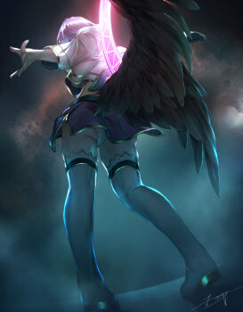 1girl absurdres black_wings commentary feathered_wings felmina from_behind highres miniskirt panties pantyshot purple_hair purple_skirt shinrabanshou shirt skirt solo teppu_tora thighhighs underwear white_panties white_shirt white_thighhighs wings