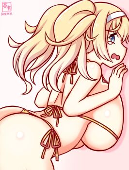 1girl against_wall alternate_breast_size_(larger) bikini blonde_hair breasts cowboy_shot gambier_bay_(kancolle) gluteal_fold gold_bikini hairband huge_breasts kanon_(kurogane_knights) kantai_collection leaning_forward long_hair one-hour_drawing_challenge side-tie_bikini_bottom solo swimsuit tears white_hairband