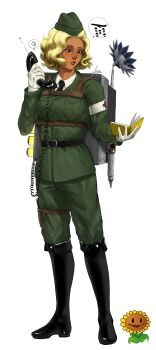 1girl :d absurdres aegyo_sal artist_name artrextino backpack bag black_boots black_eyes black_necktie blonde_hair book boots breasts buttons cable collared_shirt commentary corded_phone curly_hair dark-skinned_female dark_skin empty_eyes english_text freckles full_body gloves green_hat green_jacket green_pants grey_bag grin hand_up hat high_heel_boots high_heels highres holding holding_book holding_phone jacket knee_boots long_sleeves necktie no_pupils official_art_inset open_book open_mouth pants personification phone plants_vs._zombies reading red_lips reference_inset shirt short_hair simple_background small_breasts smile solo spanish_commentary speech_bubble spoken_thumbs_up standing sunflower_(plants_vs._zombies) talking_on_phone tareme white_background white_gloves white_shirt