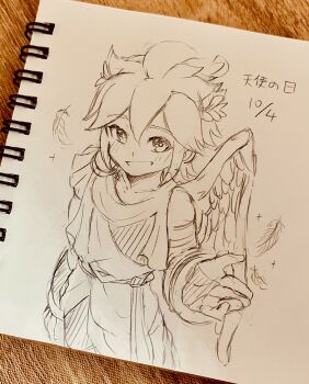 1boy absurdres ahoge ancient_greek_clothes angel angel_wings armlet belt bracer commentary_request dated feathers graphite_(medium) greco-roman_clothes highres jewelry kid_icarus kid_icarus_uprising laurel_crown looking_at_viewer male_focus nintendo photo_(medium) pit_(kid_icarus) scarf short_hair sidelocks sketch solo spiked_hair traditional_media waffuum wings