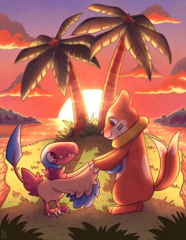 Rule 34 | archen, brown fur, buizel, claws, cloud, fangs, gen 4 pokemon, gen 5 pokemon, grass, highres, holding hands, island, looking at another, multiple tails, nintendo, no humans, outdoors, palm tree, pokemon, pokemon (creature), standing, sun, sunset, tail, tetraphobe49, tree, two tails, water