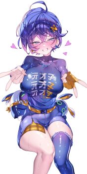 1girl absurdres ahoge bangboo_(zenless_zone_zero) belle_(zenless_zone_zero) black_thighhighs blue_eyes blue_hair blush breasts clothes_writing commentary covered_erect_nipples cowboy_shot crossed_bangs double_v earclip earrings english_commentary eous_(zenless_zone_zero) grin hair_between_eyes hair_ornament half-closed_eyes heart highres jewelry large_breasts letter_hair_ornament marck_(marck1703) parted_lips print_shirt shirt short_hair simple_background single_thighhigh smile sweat thighhighs v white_background zenless_zone_zero