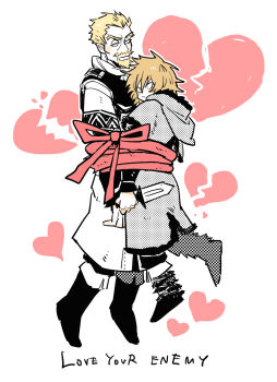 2boys aberdeenport age_difference askeladd beard black_boots blonde_hair boots bound_together broken_heart capelet coat dagger english_text facial_hair floating frown full_body fur-trimmed_capelet fur-trimmed_coat fur_boots fur_trim furrowed_brow goatee hair_between_eyes hair_slicked_back heart highres holding holding_dagger holding_knife holding_weapon hood hood_down hooded_capelet knife male_focus mature_male medium_hair multiple_boys thorfinn vinland_saga weapon white_background