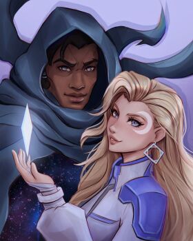 1boy 1girl black_hair blonde_hair blue_eyes bridal_gauntlets cheekbones cloak_(marvel) commentary crescent crescent_facial_mark dagger_(marvel) dark-skinned_male dark_skin diamond-shaped_earrings dreadlocks facial_mark grey_cloak highres jacket long_hair looking_at_viewer looking_to_the_side marvel marvel_rivals osha_(smittenartz) parted_lips purple_background short_hair superhero_costume upper_body white_bridal_gauntlets white_jacket