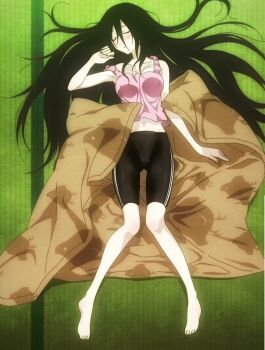 00s 1girl anime_screenshot bike_shorts black_hair blanket blush breasts cameltoe cleavage collarbone highres komori_kiri large_breasts long_hair navel on_floor pale_skin pink_tank_top sayonara_zetsubou_sensei sleeping stitched tank_top tatami third-party_edit