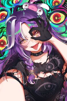 1girl beads black_choker black_gloves black_shirt blush braid choker closz creature_on_head eye_print fang gloves half_gloves highres jared_(michi_mochievee) jewelry long_hair looking_at_viewer michi_mochievee michi_mochievee_(1st_costume) multicolored_hair print_shirt purple_hair red_eyes ringed_eyes shirt short_sleeves signature single_braid skin_fang solo stitched_face stitches streaked_hair teeth tongue tongue_out torn_choker torn_clothes torn_shirt upper_teeth_only virtual_youtuber vshojo white_hair yellow_eyes