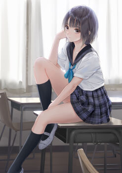 1girl absurdres black_socks blue_bow blue_reflection_(series) blue_reflection_maboroshi_ni_mau_shoujo_no_ken blunt_bangs bob_cut bow brown_eyes classroom curtains desk hand_on_own_face highres hoshinomiya_girls&#039;_high_school_uniform indoors kishida_mel kneehighs looking_at_viewer no_dickey on_desk pleated_skirt revision school_desk school_uniform serafuku shirai_hinako shoes short_hair sitting skirt socks solo thighs third-party_ai_edit uwabaki white_shoes window