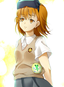 Rule 34 | 1girl, absurdres, animal print, badge, breasts, brown eyes, brown hair, brown sweater, brown sweater vest, brown vest, button badge, collared shirt, commentary, emblem, empty eyes, expressionless, frog print, gekota, goggles, goggles on head, grey skirt, hair between eyes, hair ornament, hairclip, highres, medium hair, misaka imouto, misaka imouto 9982, negiko123123, night vision device, pleated skirt, school emblem, school uniform, shirt, short sleeves, skirt, sleeveless, sleeveless sweater, small breasts, solo, summer uniform, sweater, sweater vest, toaru kagaku no railgun, toaru kagaku no railgun s, toaru majutsu no index, tokiwadai school uniform, upper body, v-neck, vest, white shirt