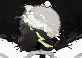 1girl absurdres alternate_costume animal_ears arknights bare_legs barefoot breasts cat_ears cat_girl character_name closed_mouth commentary dress expressionless fine_art_parody full_body gauntlets green_eyes green_sash highres jacknife kal&#039;tsit_(arknights) long_sleeves looking_at_viewer map medium_breasts off-shoulder_dress off_shoulder parody profile sash short_hair single_gauntlet skull solo_focus the_creation_of_adam white_dress white_hair