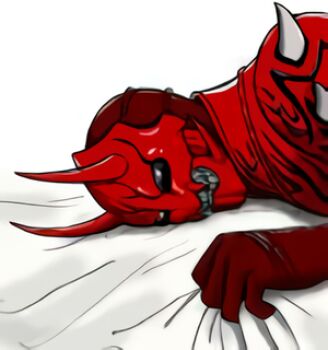 Rule 34 | 1boy, armor, bad id, bad pixiv id, bed, black eyes, grabbing sheets, gravure, kamen rider, kamen rider den-o (series), lying, male focus, momotaros, monster, monster boy, on bed, on side, oni, oni horn, pinup (style), red armor, resized, sharp teeth, spiked armor, spikes, teeth, upscaled, waifu2x, white sheet