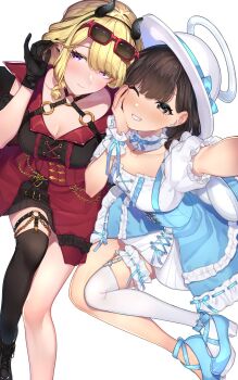 2girls alternate_costume alternate_hat_color black_boots black_dress black_gloves black_socks blonde_hair blue_bow blue_shoes blush boots bow brown_eyes brown_hair chain choker collared_dress commentary_request cross demon_horns dress earrings eyes_visible_through_hair feet_out_of_frame frilled_sleeves frills gloves grin halo hand_in_own_hair hand_on_own_cheek hand_on_own_face hat hat_bow headband highres horns jewelry latin_cross legwear_garter long_hair looking_at_viewer maribel_hearn medium_hair multiple_girls one_eye_closed over-kneehighs pink_eyes ribbon-trimmed_dress ribbon_trim shoes short_sleeves simple_background single_legwear_garter single_over-kneehigh single_thighhigh smile socks sunglasses thighhighs touhou usami_renko wankosoba_(wanwan_soba) white_background white_choker white_dress white_hat white_socks white_wrist_cuffs wrist_cuffs