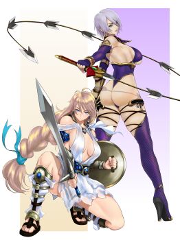 Rule 34 | 2girls, absurdres, anagumasan, ass, blonde hair, blue eyes, boots, braid, breasts, closed mouth, commentary, curvy, dress, earrings, elbow gloves, fingerless gloves, full body, gloves, high heels, highleg, highleg leotard, highres, holding, holding sword, holding weapon, huge ass, isabella valentine, jewelry, large breasts, leotard, lips, long hair, looking at viewer, looking back, makeup, midriff peek, multiple girls, namco, on one knee, purple hair, revealing clothes, shield, short dress, short hair, sideboob, simple background, single braid, sophitia alexandra, soul calibur, soulcalibur, soulcalibur v, sword, thigh boots, thighhighs, thighs, thong leotard, toeless footwear, weapon, whip sword, white dress, wide hips